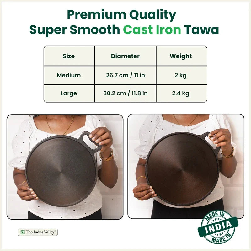 The Indus Valley Super Smooth Cast Iron Tawa,Pre-seasoned, Nonstick, 100% Pure, Toxin-free, Spatula, 26.7cm/30.2cm | Grocsy