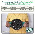 The Indus Valley 12 Pit/Cup CASTrong Cast Iron Paniyaram/Appe Pan, Pre-seasoned, with Double Handle Silicone Grip,Toxin-free, 20.8 cm, 2.2 kg | Grocsy