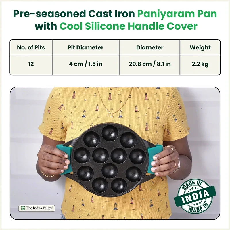 The Indus Valley 12 Pit/Cup CASTrong Cast Iron Paniyaram/Appe Pan, Pre-seasoned, with Double Handle Silicone Grip,Toxin-free, 20.8 cm, 2.2 kg | Grocsy