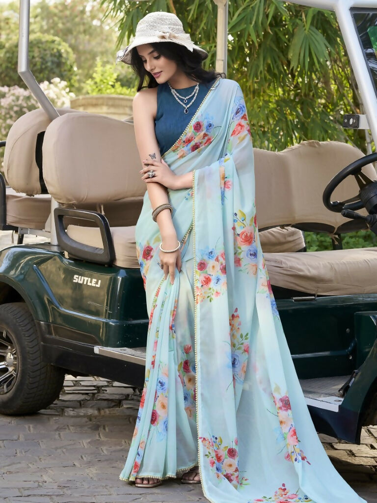 Vastranavya Sea Blue Weightless Marble Printed & Pearl Lace Border Saree with Unstitched Blouse | Grocsy