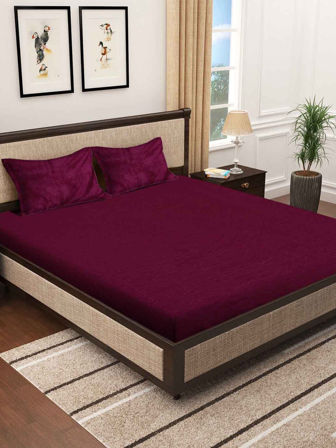 KLOTTHE Maroon 300 TC Woolen Fitted Double King Bedsheet With 2 Pillow Covers | Grocsy