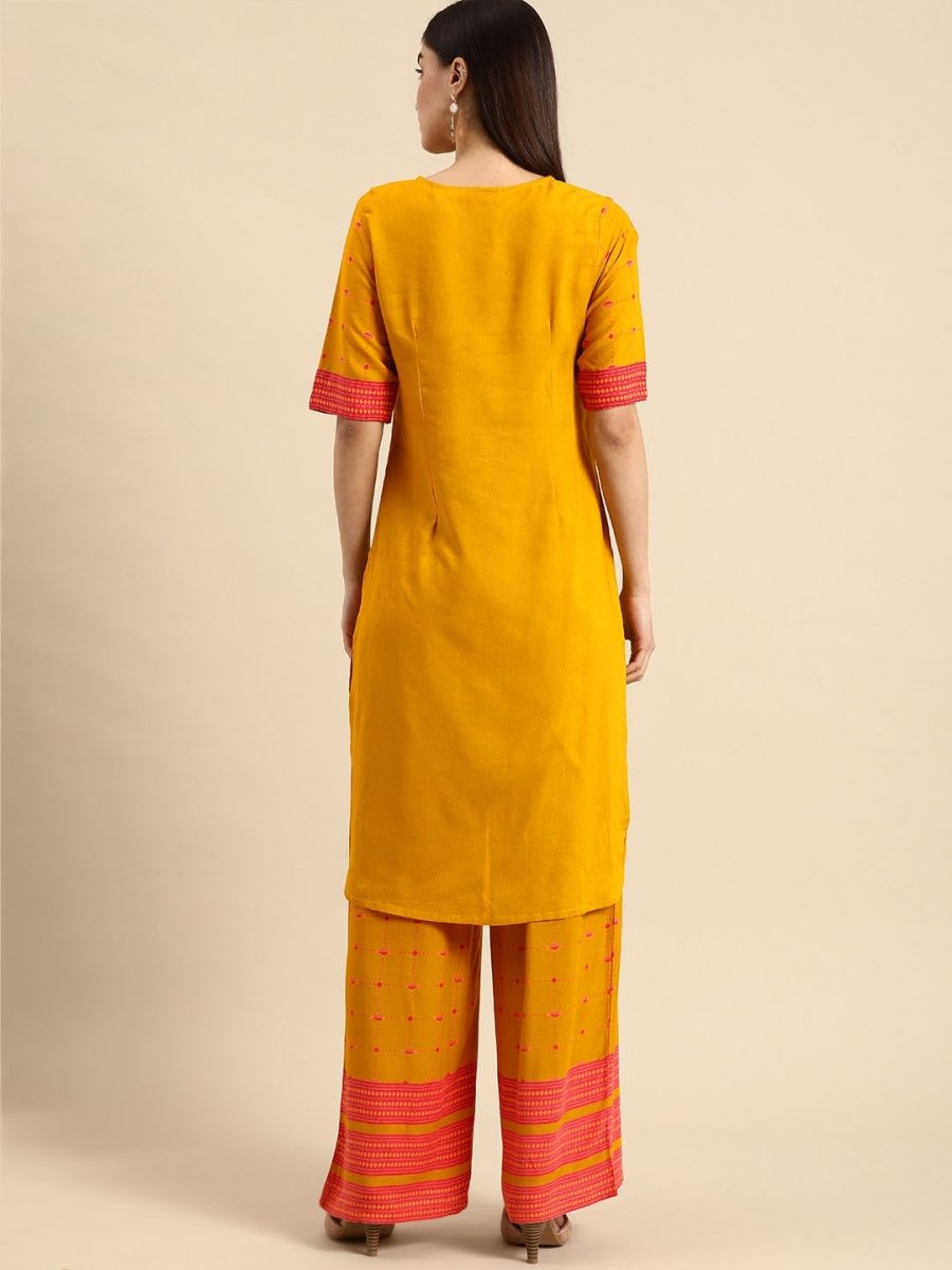 All About You Women Mustard Yellow & Pink Round Neck Regular Kurta with Palazzos | Grocsy