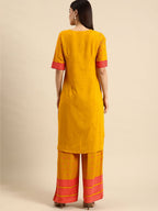All About You Women Mustard Yellow & Pink Round Neck Regular Kurta with Palazzos | Grocsy
