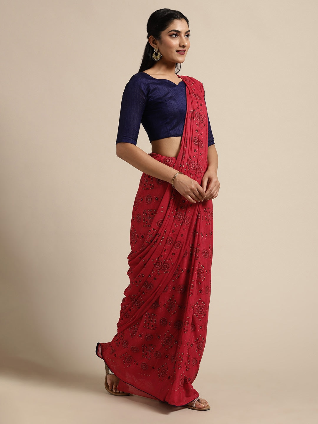 Saree Mall Red Pure Chiffon Tribal Print Bandhani Saree | Grocsy