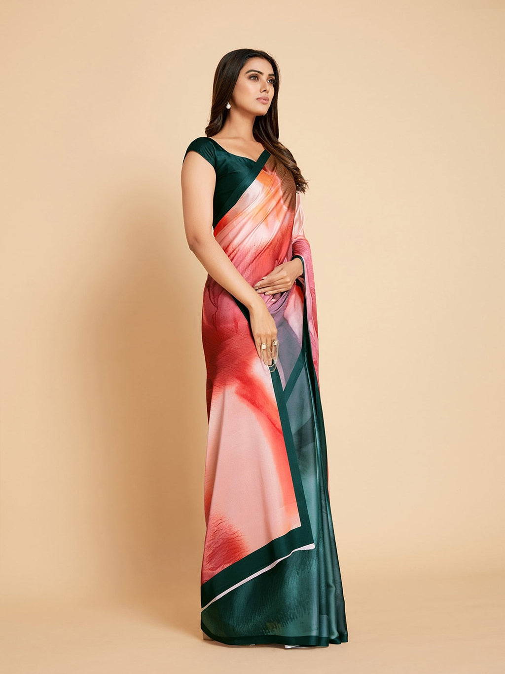 Sangria Peach-Coloured & Blue Satin Ready to Wear Saree | Grocsy