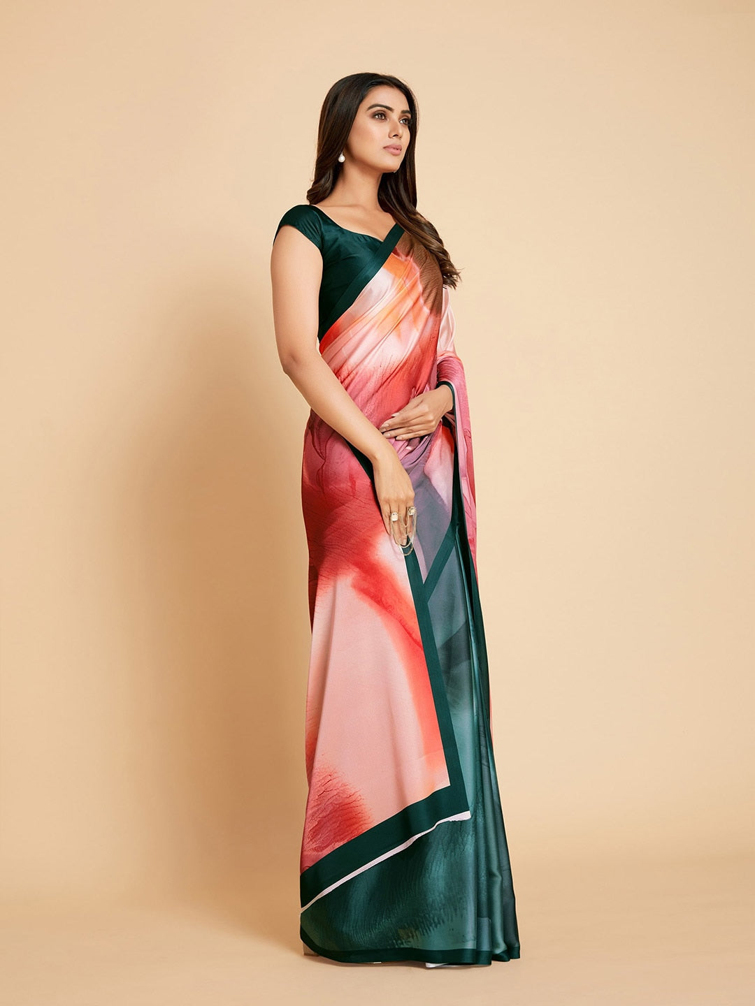 Sangria Peach-Coloured & Blue Satin Ready to Wear Saree | Grocsy