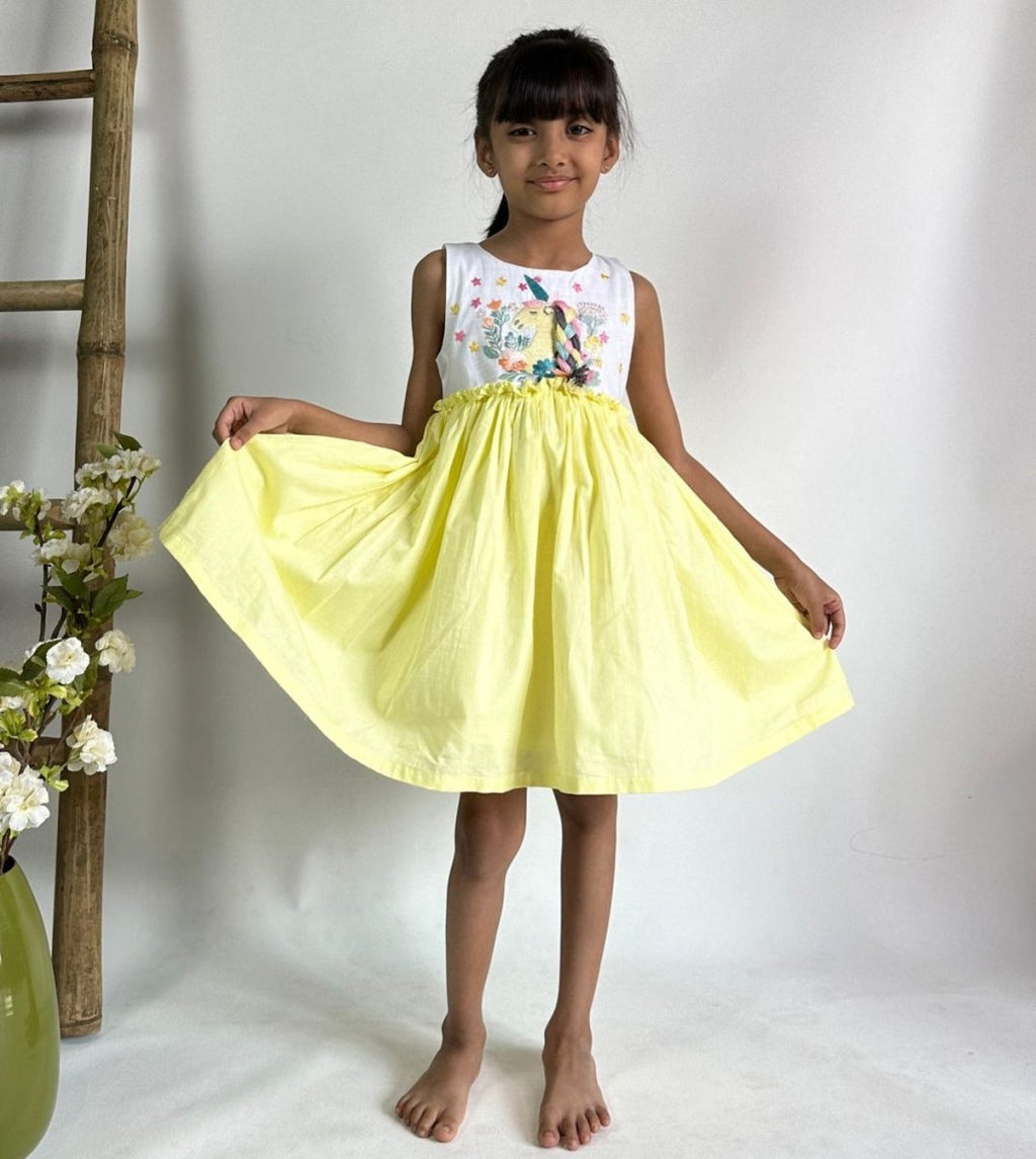 ArthLife White And Yellow Unicorn Embroidered Dress | Grocsy