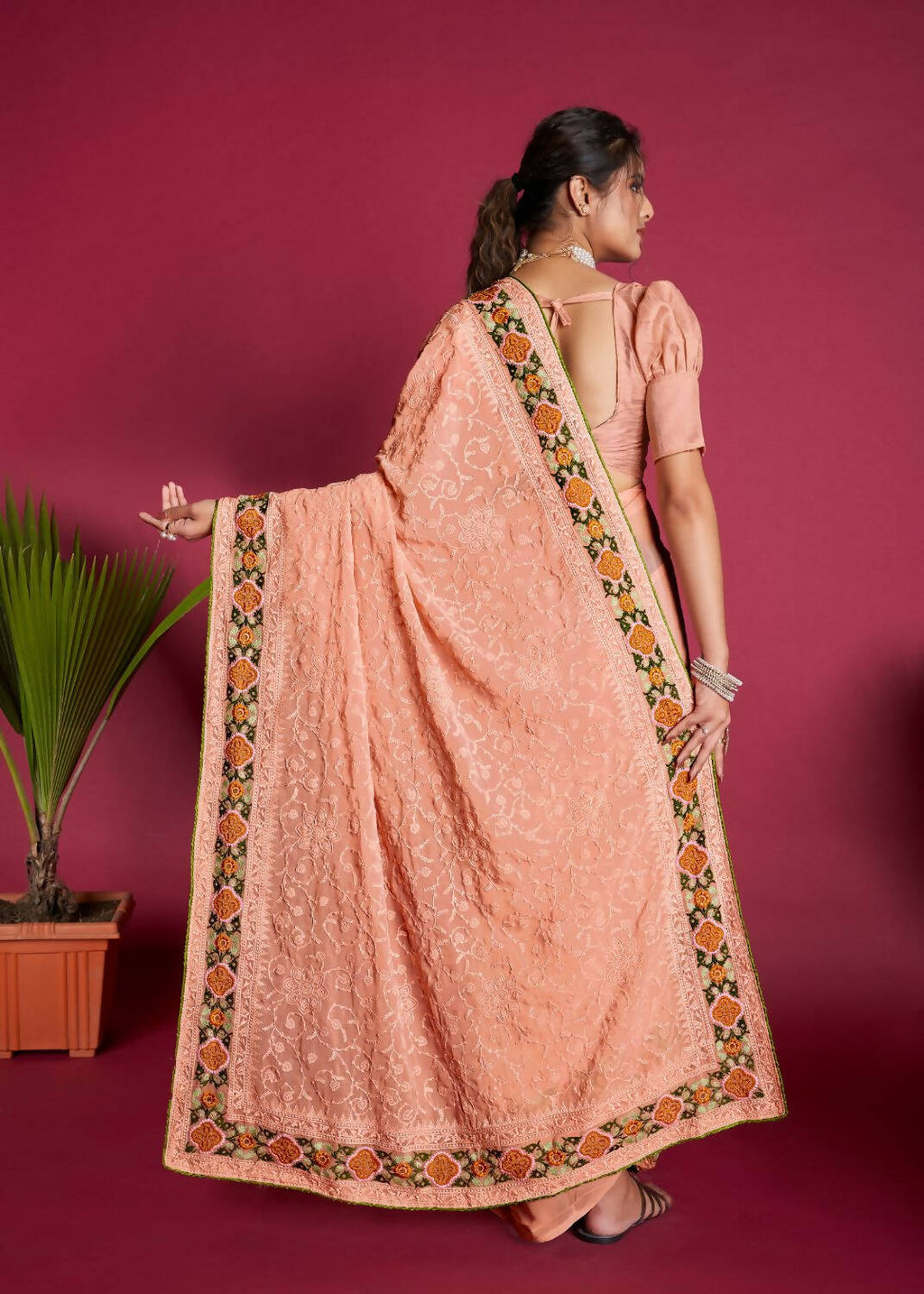 Vamsee Peach Georgette Designer Saree | Grocsy