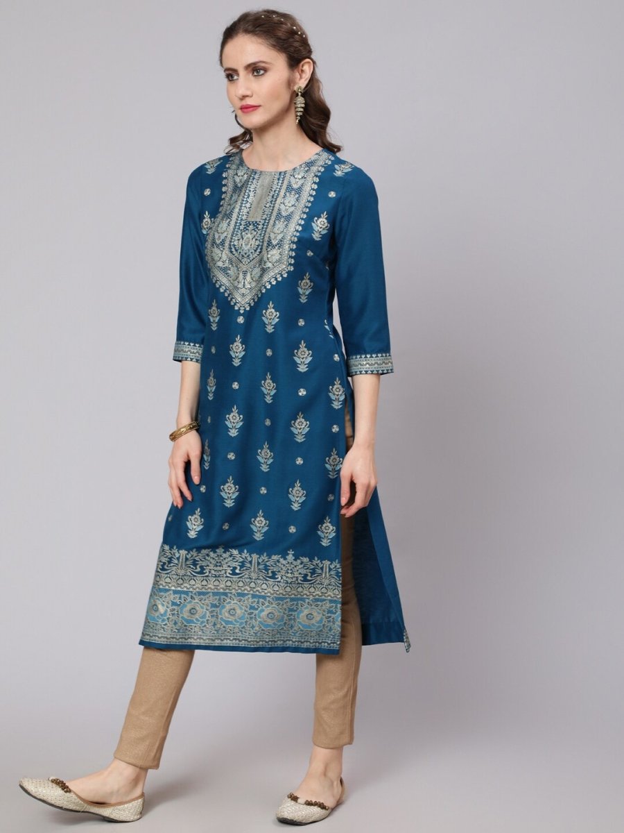 Aks Ethnic Motifs Printed Round Neck Straight Kurta | Grocsy
