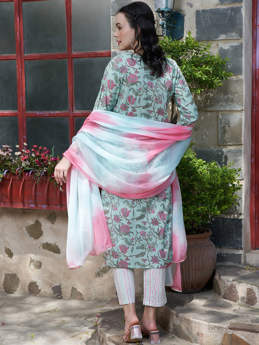 Sangria Printed Pure Cotton Straight Kurta With Trouser & Dupatta | Grocsy