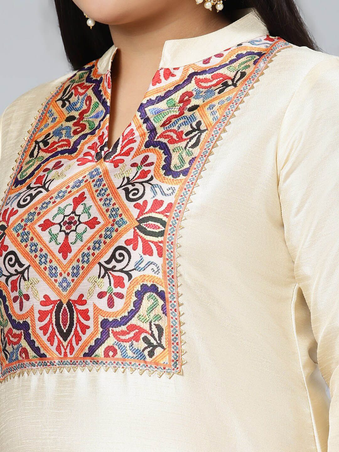 Sztori Plus Size Ethnic Motifs Printed Mandarin Collar Straight Kurta with Palazzos | Grocsy