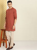 House of Pataudi Men Pure Cotton Solid Straight Mandarin Collar Rozana Kurta | Grocsy