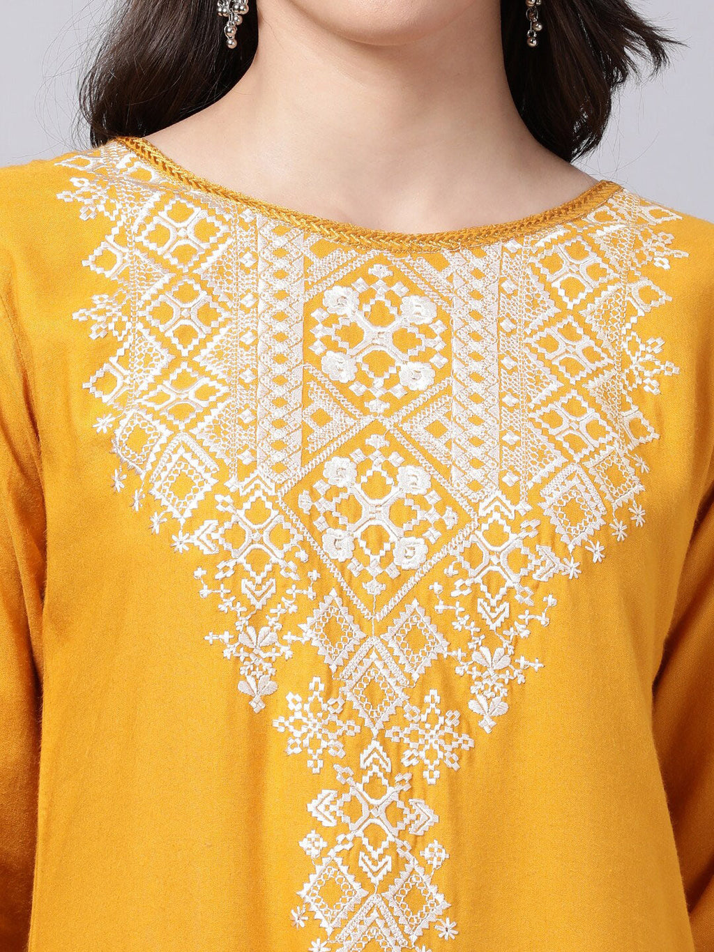 Souchii Women Tan & White Geometric Yoke Design Thread Work Grandeur & Majestic Artwork Kurta | Grocsy
