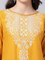 Souchii Women Tan & White Geometric Yoke Design Thread Work Grandeur & Majestic Artwork Kurta | Grocsy