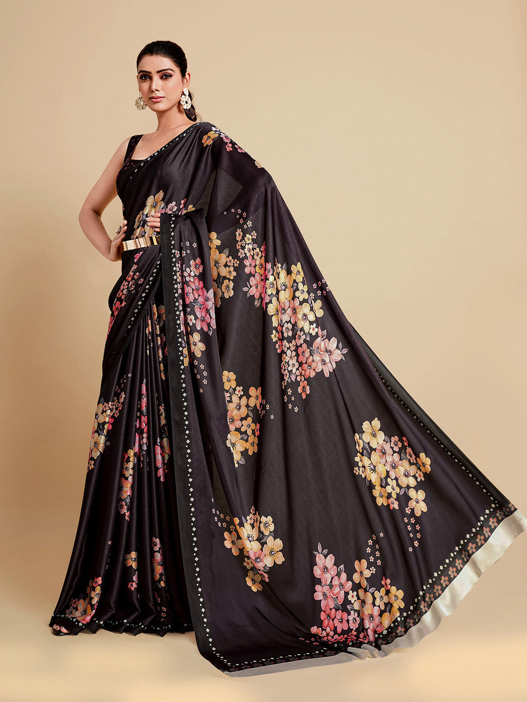 Sangria Black & Burgundy Floral Zari Satin Saree | Grocsy