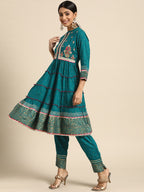 Sangria Women Teal Green & Golden Floral Embroidered Kurta with Trousers | Grocsy