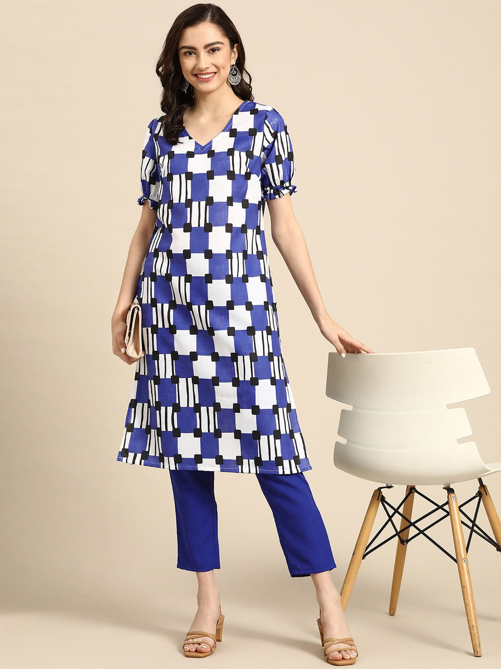 Sangria Women Navy Blue & White Printed A-Line Kurta with Trousers | Grocsy