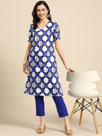 Sangria Women Navy Blue & White Printed A-Line Kurta with Trousers | Grocsy