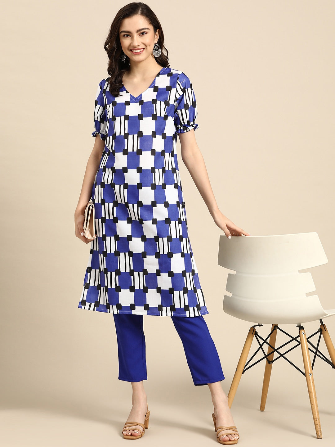 Sangria Women Navy Blue & White Printed A-Line Kurta with Trousers | Grocsy