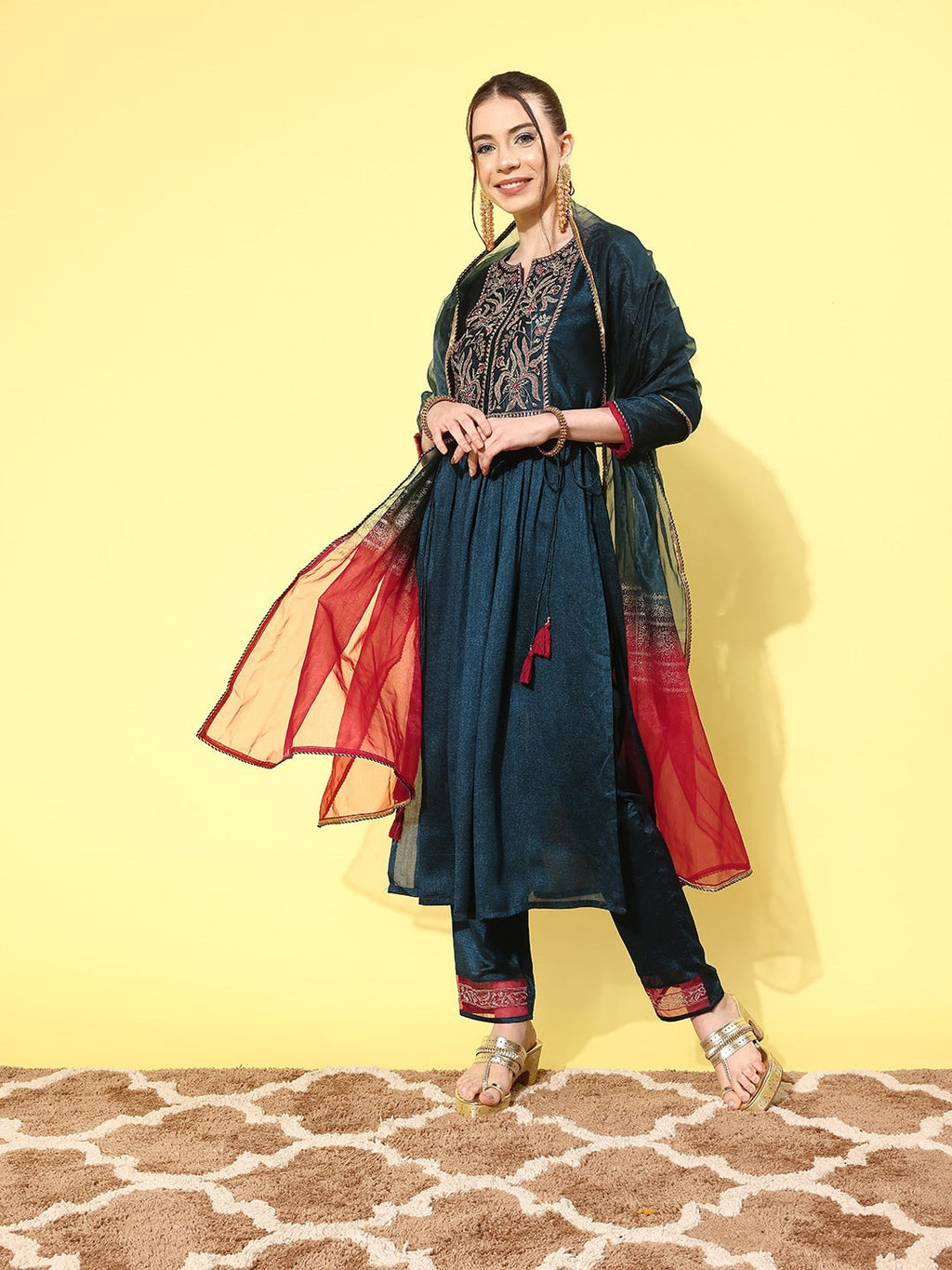 Sangria Women Floral Embroidered Regular Kurta with Trousers & With Dupatta | Grocsy