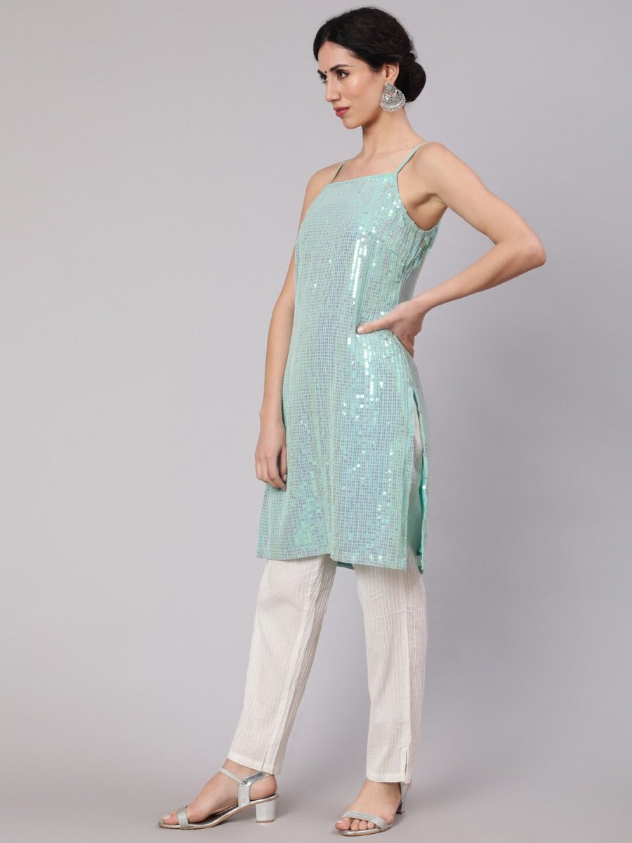Aks Geometric Embroidered Sequinned Georgette Straight Kurta | Grocsy