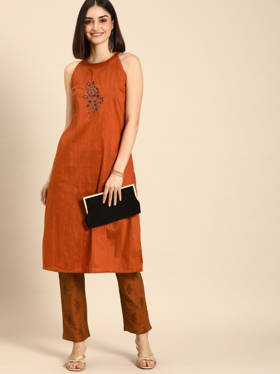 All About You Women Orange Floral Print Embroidered Regular Kurta with Trousers | Grocsy