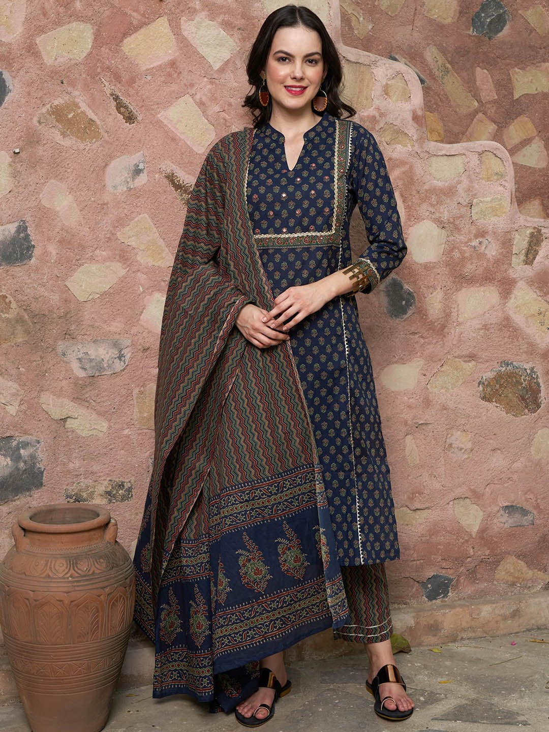Sangria Printed Pure Cotton Kurta with Trousers & With Dupatta | Grocsy