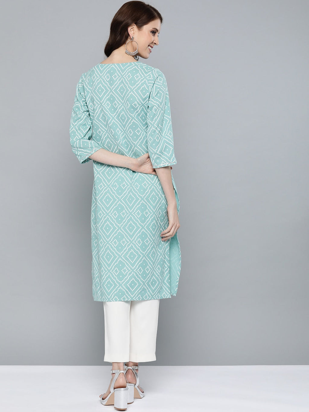 HERE&NOW Women Green & White Bandhani Print Straight Kurta | Grocsy