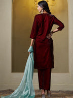 Sangria Floral Embroidered Round Neck Straight Velvet Kurta With Trousers & Dupatta | Grocsy