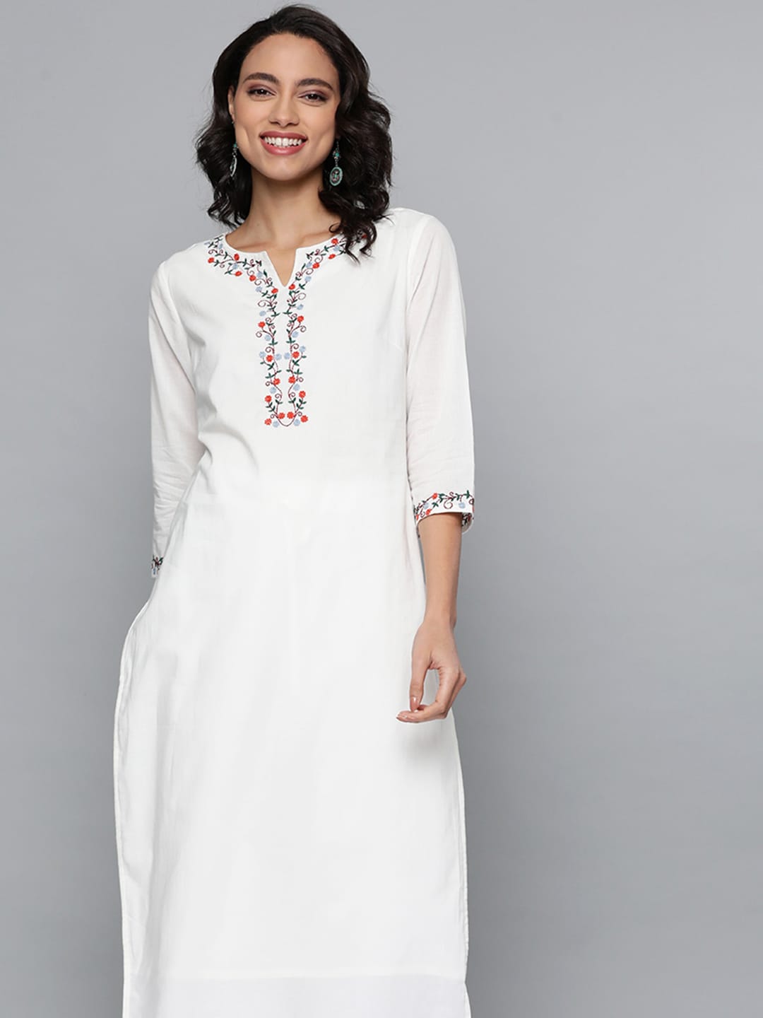 HERE&NOW Women White Cotton Straight Thread Work Kurta | Grocsy