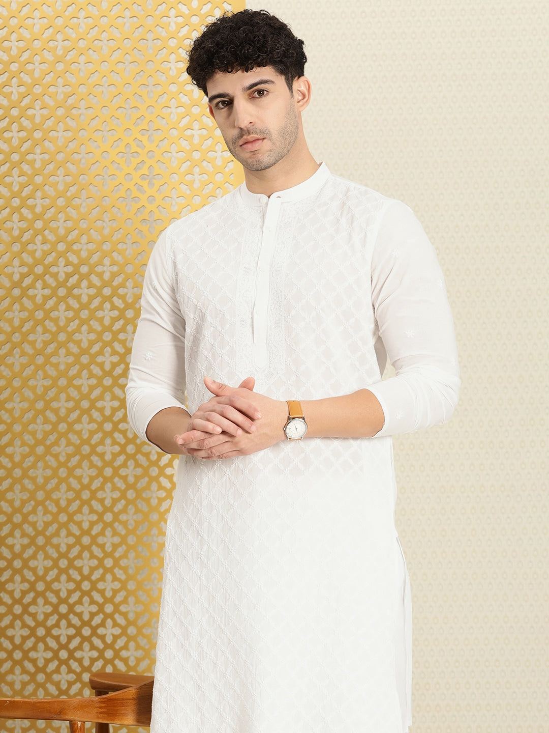 House of Pataudi Men Chikankari Embroidered Pure cotton Jashn Kurta with Churidar | Grocsy