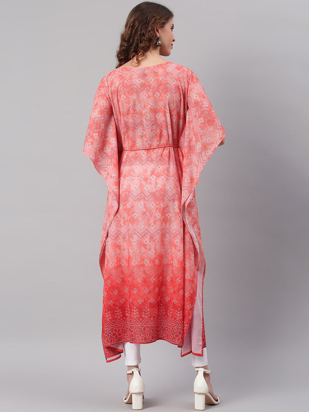 Janasya Women Peach-Coloured Ethnic Motifs Dyed Thread Work Georgette Kaftan Kurta | Grocsy