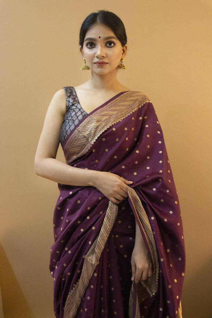 DEIANA'S Beautiful Designer Golden zari Soft Lichi Silk Saree - Wine | Grocsy