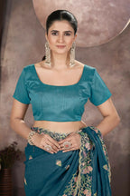 Vastranavya Gold Crunchy Multi Colour Threads Embroidery Work with Sequins Work Saree with Blouse material - Teal | Grocsy