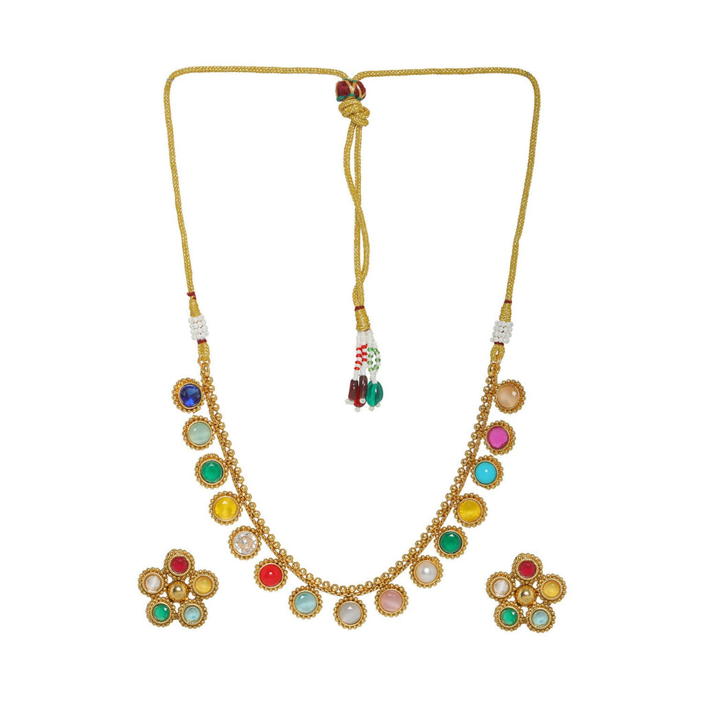 Multi Colored Stone in Gold Choker with Earrings (Multi Color) - Ruby Raang | Grocsy