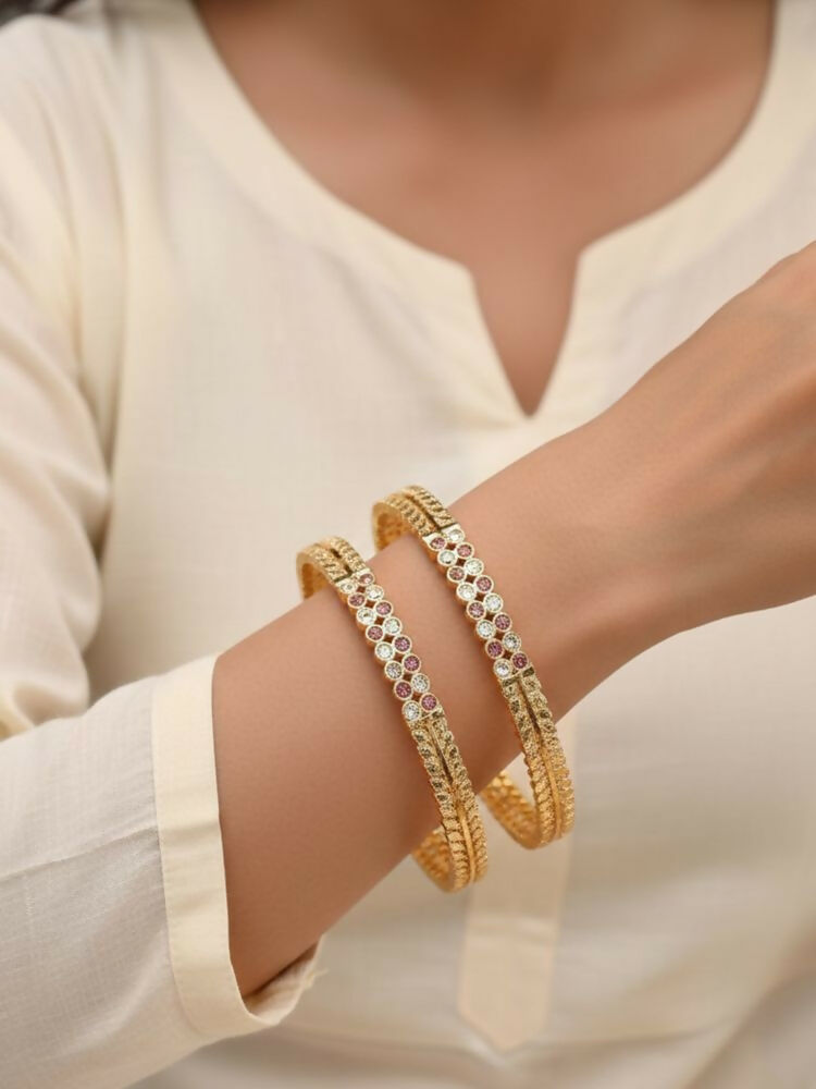 NVR Women Set of 2 Gold Plated CZ Stone Bangle | Grocsy