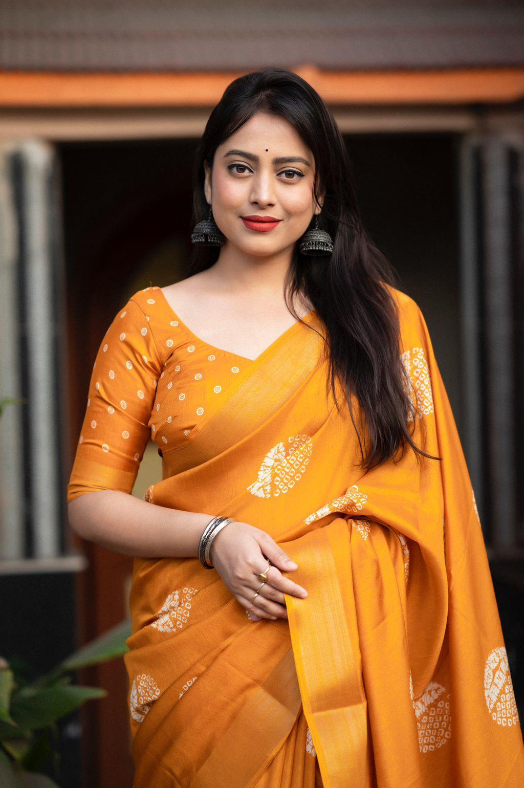 Mustard Cotton Crepe Batik Print Saree with Unstitched Blouse - Hiral Fashion | Grocsy
