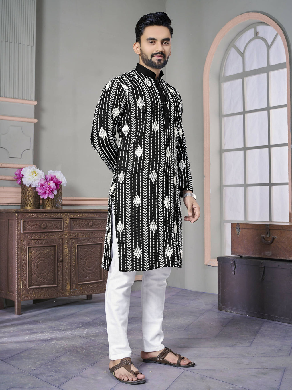 Black Men Kurta Set Embroidered with Sequins Work by Infinity Export | Grocsy