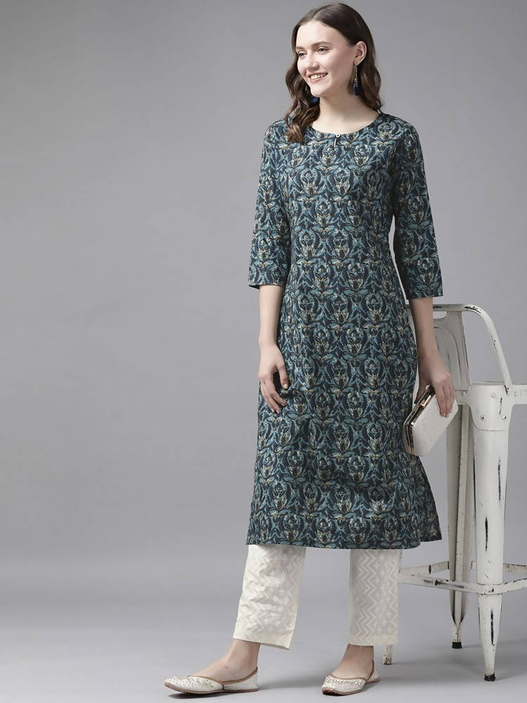 Yufta Women Blue and White Ethnic Motifs Pure Cotton Kurta with Trouser | Grocsy