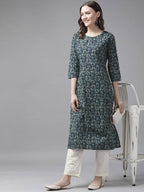 Yufta Women Blue and White Ethnic Motifs Pure Cotton Kurta with Trouser | Grocsy