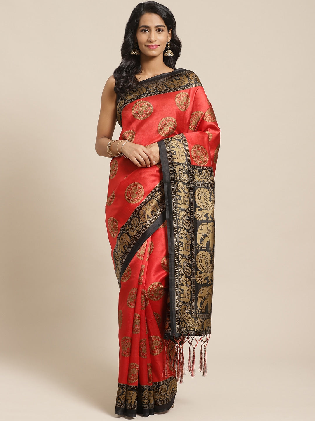 Saree Mall Red & Beige Printed Bhagalpuri Saree | Grocsy