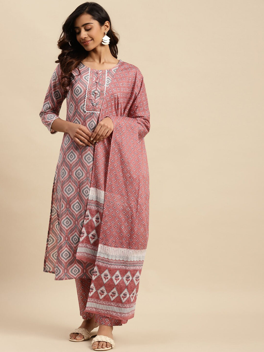 Sangria Ethnic Motif-Printed Sequinned Pure-Cotton Straight Kurta With Trouser & Dupatta | Grocsy