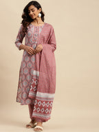 Sangria Ethnic Motif-Printed Sequinned Pure-Cotton Straight Kurta With Trouser & Dupatta | Grocsy