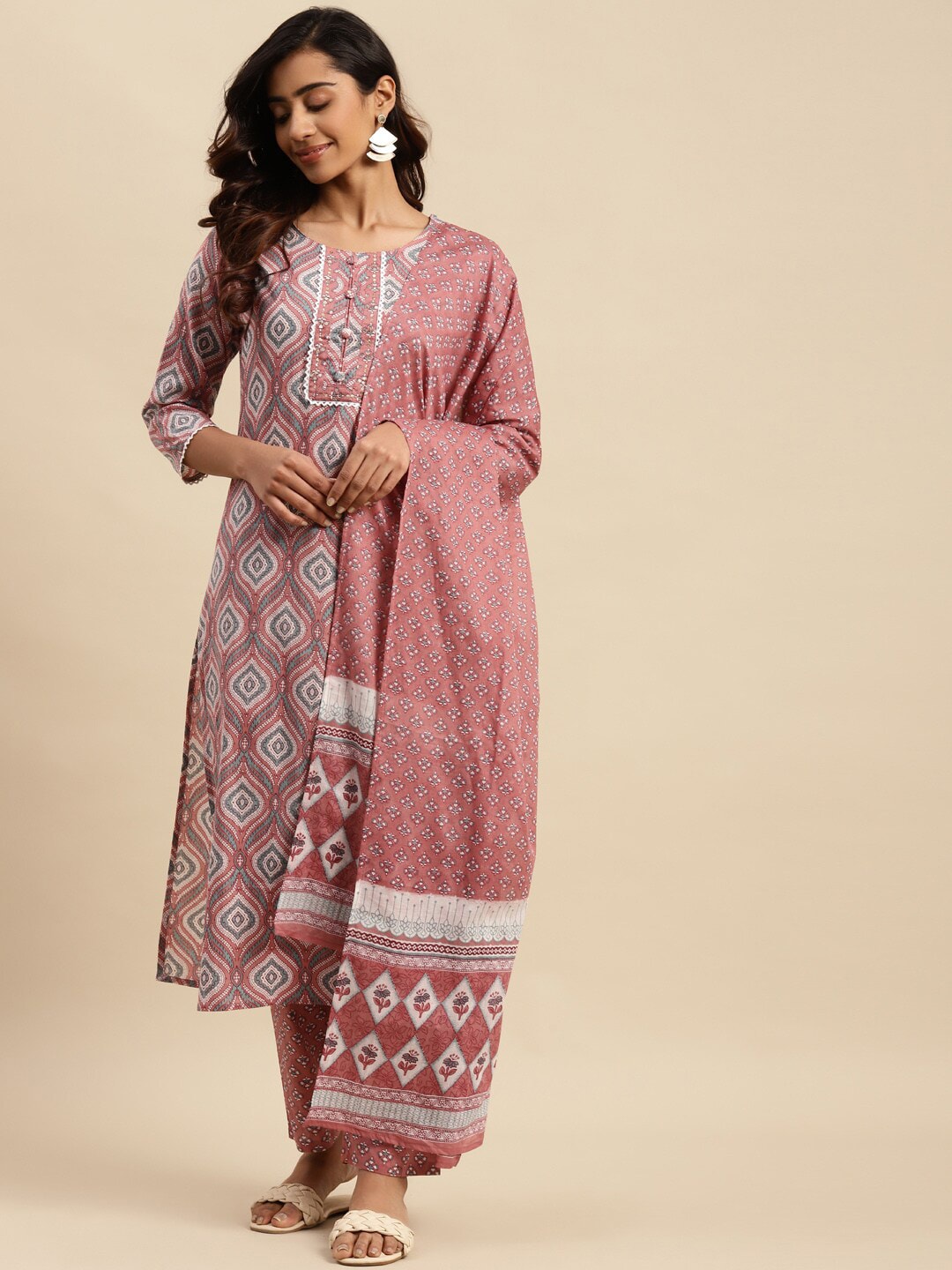 Sangria Ethnic Motif-Printed Sequinned Pure-Cotton Straight Kurta With Trouser & Dupatta | Grocsy