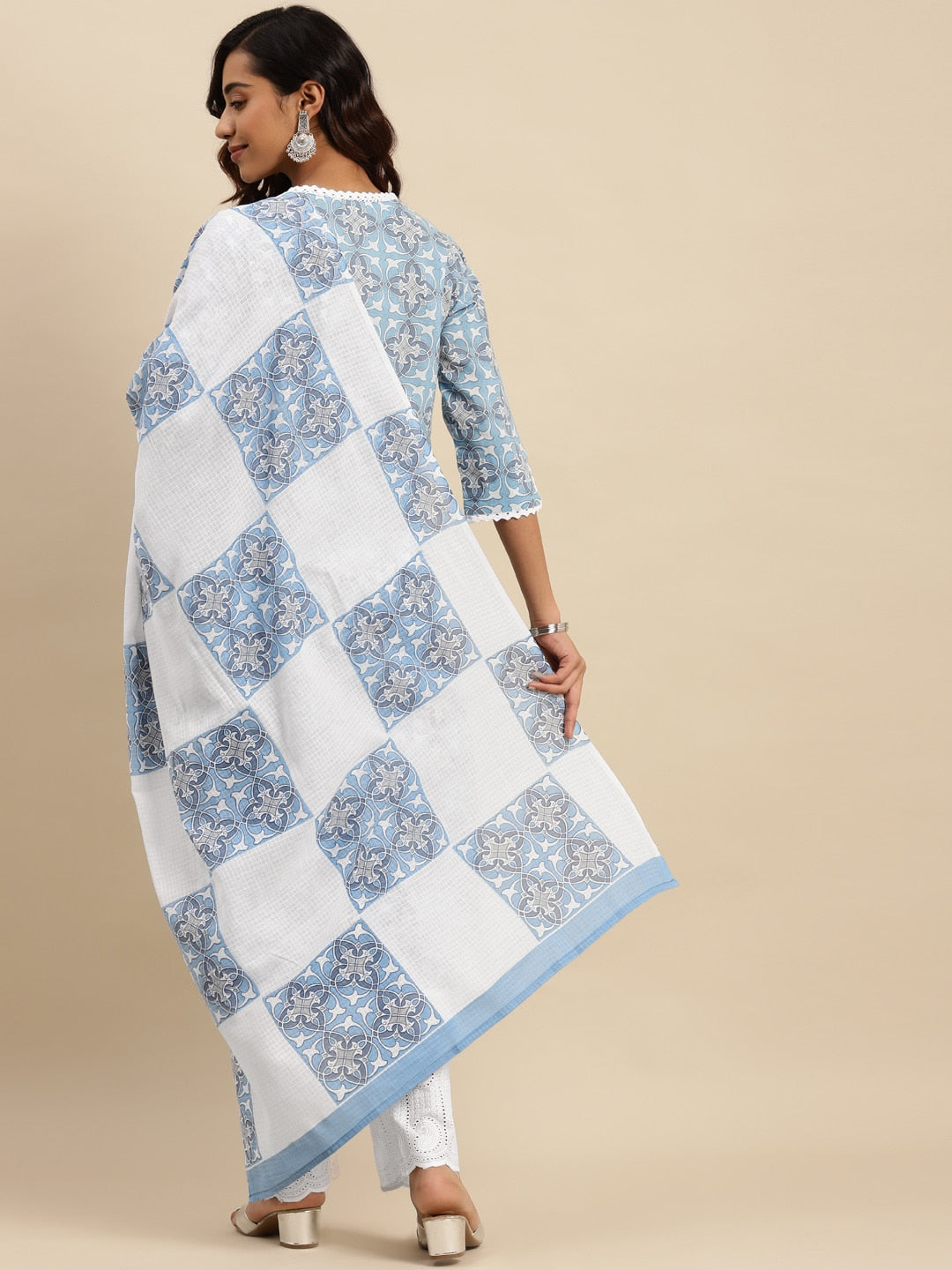 Sangria Blue Ethnic Motif Printed Pure-Cotton Straight Kurta With Trouser & Dupatta | Grocsy