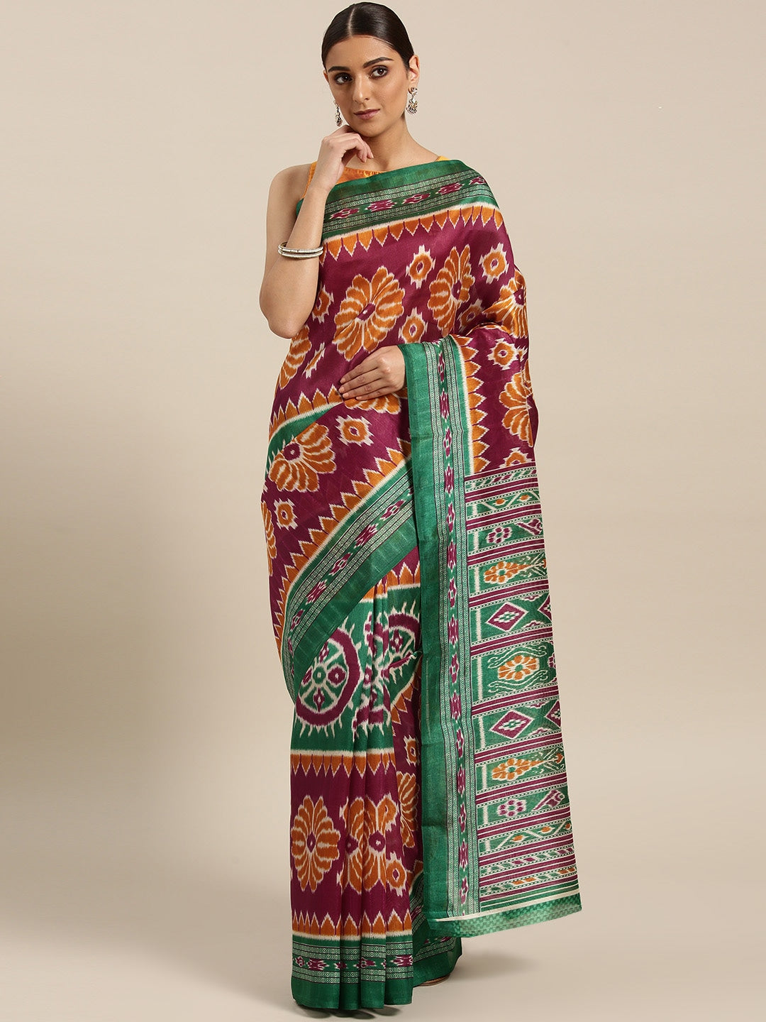 Saree Mall Magenta & Green Printed Bhagalpuri Saree | Grocsy