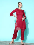 Sangria Women Floral Embroidered Patchwork Kurta with Trousers | Grocsy