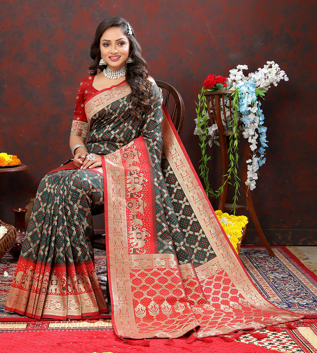 Lorenvalley Fashion Green & Red Patola Silk Woven Design Meenakari Weaving Saree | Grocsy