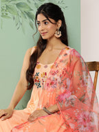 HERE&NOW Women Floral Yoke Design Pleated Thread Work Kurta with Trousers & Dupatta | Grocsy