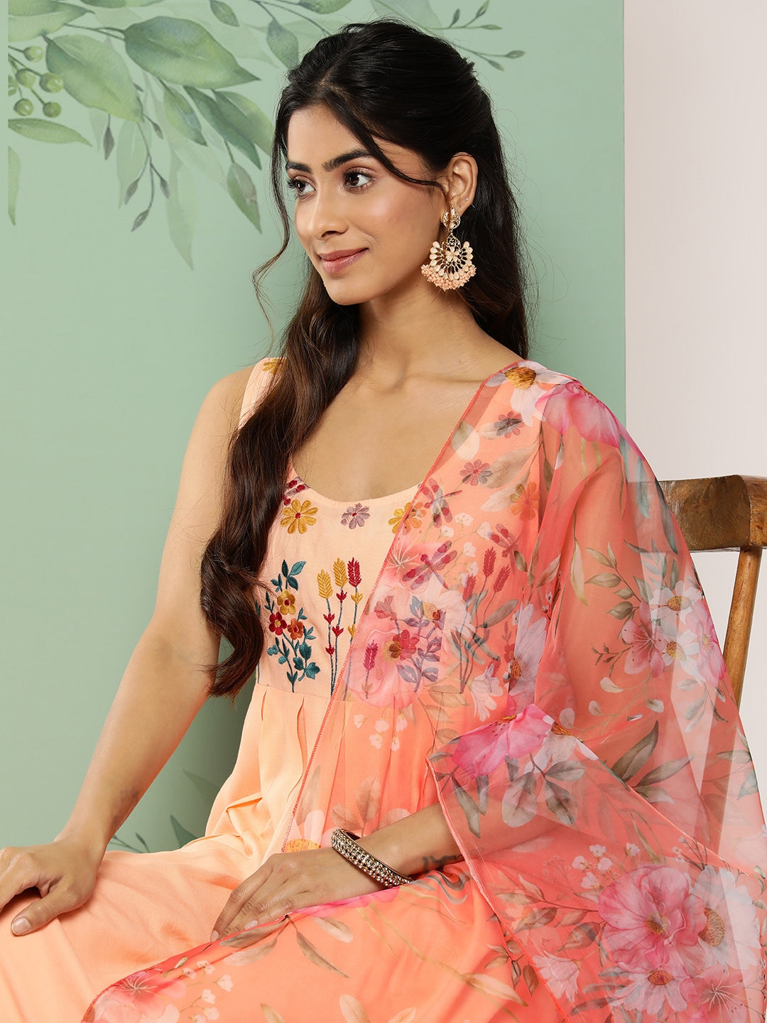 HERE&NOW Women Floral Yoke Design Pleated Thread Work Kurta with Trousers & Dupatta | Grocsy